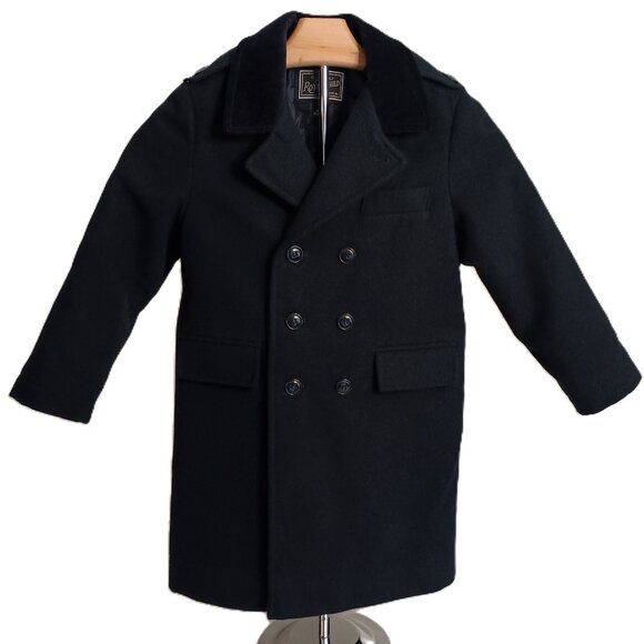 Rothschild Double Breasted Long Winter Overcoat Navy Blue Velvet Collar Boys 4 - Picture 1 of 15